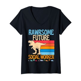Womens Awesome Future Social Worker Dinosaur Social Work Healthcare V-Neck T-Shirt