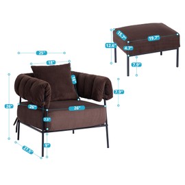 HollyHOME Modern Velvet Accent Chair with Ottoman, Upholstered Comfy Reading Chair and Footstool, Fabric Large Lazy Arm Chair and Stool, Lounge Sofa Chair for Living Room, Bedroom, Coffee Chair&Stool