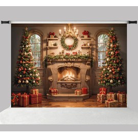Kate 7x5ft Merry Christmas Night Candle Decor Photo Backdrops for Photography Interior Firepalce Two Christmas Tree Photographic Background