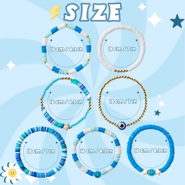 YALASOBA Preppy Bracelets Set Colorful White Gold Smile Heart Star Evil Eye Beaded Polymer Clay Pearl Stackable Charm Y2K Kidcore Summer Beach Bohemian Layering Bracelets Jewelry for Women Girls Teens (Blue)