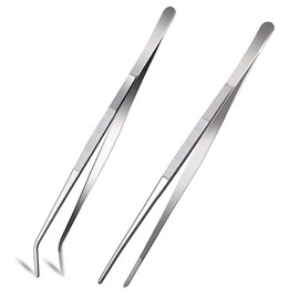 2 Pcs 12 Inch Silver Long Handle Stainless Steel Straight and Curved Tweezers Nippers, Stainless Steel Kitchen Tweezers with Serrated Tips Comfortable Ridged Handle for Garden, Kitchen