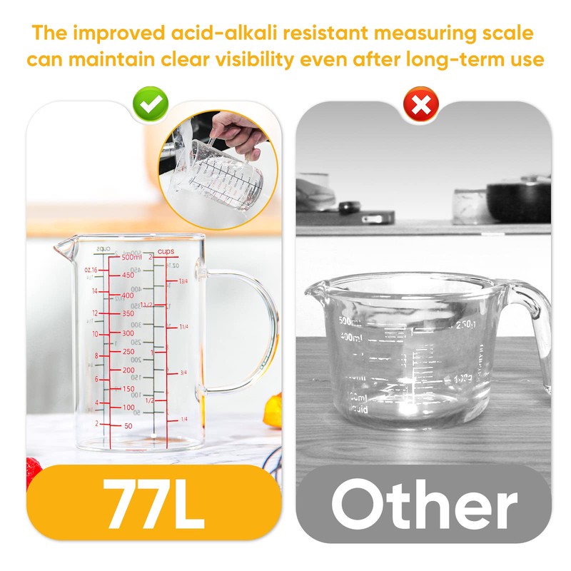 77L Glass Measuring Cup with Handle, [Double-Sided Measuring Scale, V-Shaped