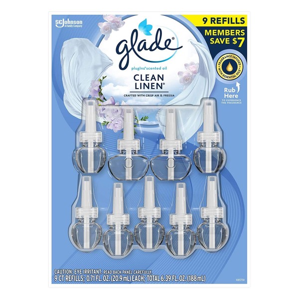 Glade PlugIns Scented Oil Refill, Essential Oil Infused Wall Plug in, 6.39 fl. oz, 9 ct. (Clean LIne)