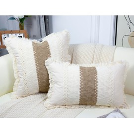 DRNOU Neutral Accent Burlap Lumbar Pillow Covers 12 x 20,Cute Fringed Throw Pillow Cover,Boho Cushion Cover Striped Decorative Pillow Case for Couch Bed Sofa Farmhouse,Rustic Retro,Set of 2 Khaki