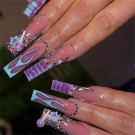 Square Press on Nails Long Fake Nails French Tip Glue on Nails Nails Press ons with Rhinestones Designs Acrylic Nails Y2K False Nails with Charm Artificial Nails for Women 24Pcs
