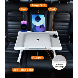Large Car Seat Tray Table, Foldable Travel Tray for Kids Car Seat, Height Adjustable Car Lap Desk for Laptop Computer Tablet, Rear Seat Food Eating Tray, Car Travel Essentials for Long Trips