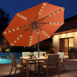 HOMSHADE 10ft Solar Patio Umbrella - Solar Lights LED Lighted Outdoor Market Table Umbrella, UPF50+ UV Protection with Push Button Tilt, Crank for Pool Deck and Garden (Orange)