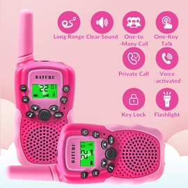 BATURU Kids Walkie Talkies, 2-Pack Pink Gift for Girls Age 4-8, Long Range, Easy-to-Use Toys for Birthday, Outdoor Play, Camping, Pretend Adventure
