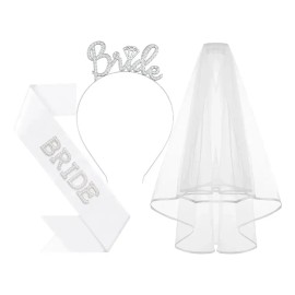 Kit Bride Despedida De Soltera White: Velo Diadema Novia