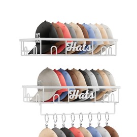 AETYORD Metal Hat Rack for Wall 2 Pack - Holds 40+ Ball Caps - Easy Access Hat Storage Organizer for Baseball Caps - Sturdy Wall Mounted Hat Holder Shelf for Men Women - White