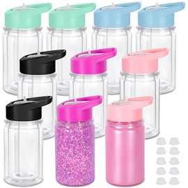 Maucircol 10 Oz Plastic Kids Snowglobe Tumbler with Pre-Drilled Hole and Plug, 10 Pack Double Wall Acrylic Snowglobe Cup for Glitter, Mixed Color