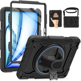 ROSROME for Air 11 inch Case M3 2025 / M2 2024, Air 7th/6th Generation-with HD Screen Protector, 360 Rotating Kickstand/Hand Strap, Shoulder Strap,Heavy Duty Shockproof Military Grade - Kids Friendly