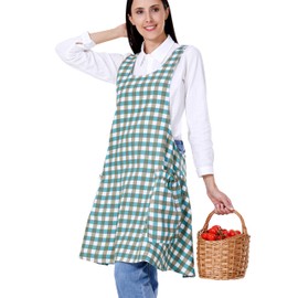 OCXMME OCXXMME Adjustable Easeful Cross Back Aprons for Women Floral Aprons with Pockets Cotton Linen, Dark Green Grid, Large