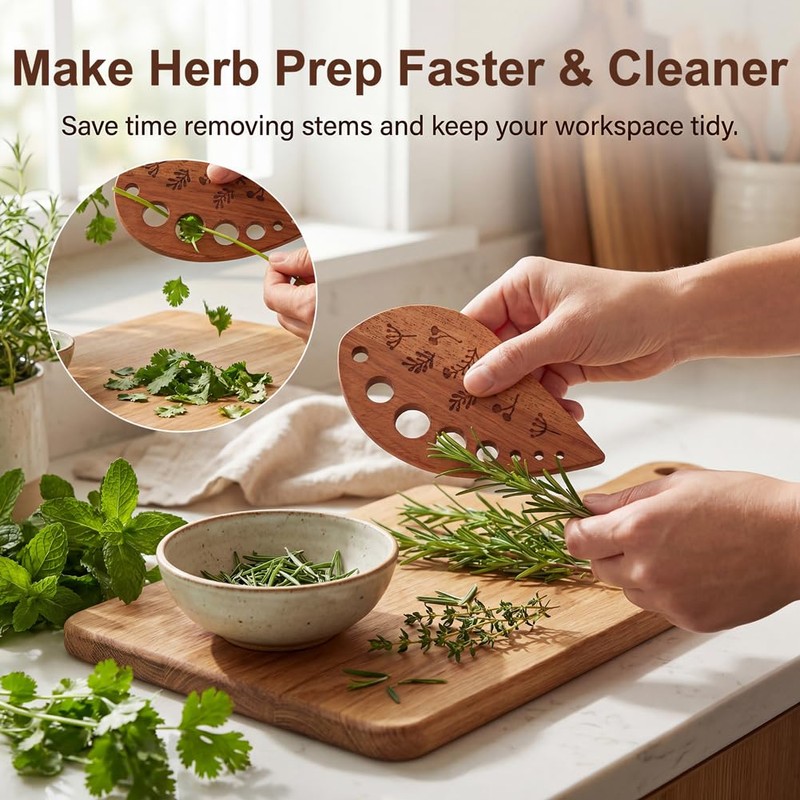 Wooden Herb Stripper Tool 8-Hole Leaf Separator with Cleaning Brush