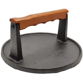 Mr. Bar-B-Q 06681Y Cast Iron Grill Press | Pre-Seasoned Base & Hardwood Handle Burger Cooks Food Evenly Ridges on Bottom Keeps in Contact with Surface 7 Inch Press, Black