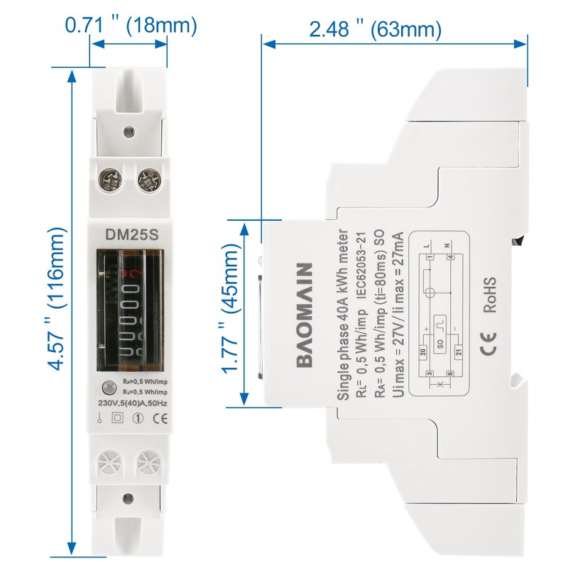 Baomain 1-Module DIN Rail Energy Meter 5(40) A 220–230V 50Hz