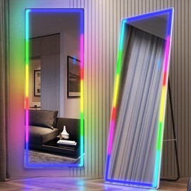 LVSOMT RGB LED Mirror, Full-Length Mirror with Lights, 63 X 22 Floor Mirror, Full Body Lighted Mirror, Free Standing x Wall Mounted, Large Full Size Stand up Mirror for Bedroom Living Room - Color: Black, Size: 63x22