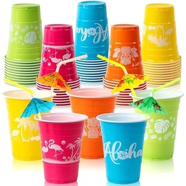 50 Hawaiian Luau Party Decorations Cups with Parasol Straws -16OZ Disposable Party Cups for Tropical Luau Moana Birthday Party Decor Supplies