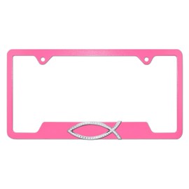 Elektroplate – Crystal Christian Fish Ichthys on Pink All-Metal Open Corners Premium 3D License Plate Frame Tag Holder for Cars/SUVs/Trucks Weather-Proof Automotive Accessory