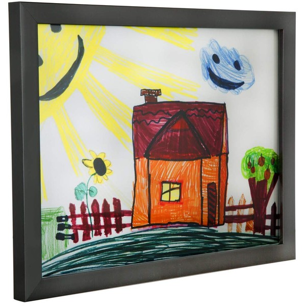 RAS Kids Art Frame - Boxed Style Wide Frame Edge Construction Paper Removable Acrylic Pane Cardboard Backing with Hooks - [Black - 9x12"]
