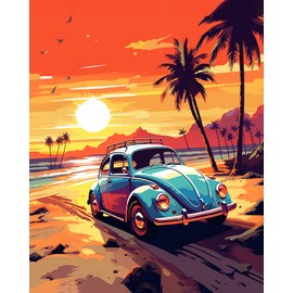 Rebotipy Paint by Numbers for Adults Kids Car Sunset Adults DIY Paint by Number Fairy Vintage Boho Seaside Holiday Arts Craft Paint by Numbers Kits Nordic Modern Home Wall Decor - 16x20inch