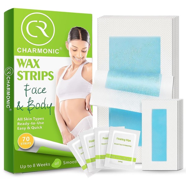 Charmonic Wax Strips 70 Count, Hair Removal Waxing Strips, Hair Remover Waxing Kit for Body & Face, At Home Waxing Kit for Eyebrow Leg Facial Bikini Hair Removal for Women (2 Sizes 70 Strips+ 4 Wipes)