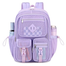 MOONBABY Mesh Backpack for School Heavy Duty See Through Net Bookbag Girls Semi-Transparent Net Back Pack for Beach, Swimming, Sports, Work, Travel (Purple)
