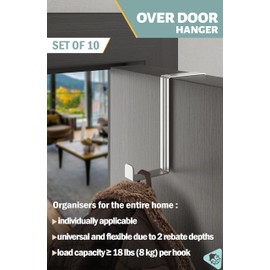 Menz Over Door Hanger – Set of 10, Silver - Coat Hanger 3.6 cm (1.4") and 4.1 cm (1.6"), Coat Hooks for Door, Hangers for Clothes