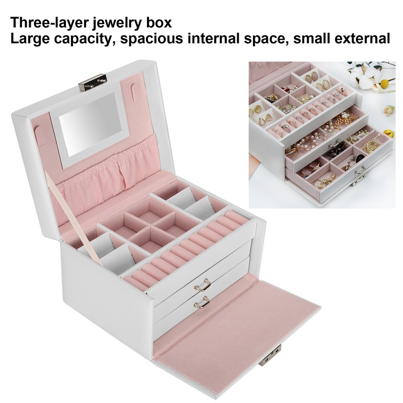 Three Layer Jewelry Storage Box PU Leather Necklace Rings Earrings