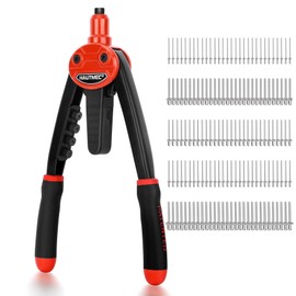 HAUTMEC Rivet Gun with 150Pcs Rivets and Automatic Rebound Labor-Saving Design, 13" Pop Rivet Tool with 5 Tool-Free Interchangeable Nosepieces, Heavy Duty Hand Riveter for Metal, Aluminum, Steel