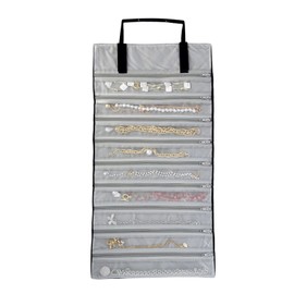 UnionPlus Velvet Travel Jewelry Case Roll Bag Organizer for Necklace, 9 Zipped Grids, Black and Grey
