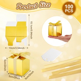Bgtecho 100 Pack Gold Gift Boxes, 2x2x2 Inches Candy Boxes, Small Gift Boxes with Ribbons and Blank Tags, Paper Party Favor Box for Wedding Bridal Shower Birthday Party All Occasion (Gold)
