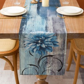 Serento Table Runner Blue Grey Spring Flower Table Runner Modern Linen Abstract Art Painting Washable Country Style Table Runner for Kitchen Banquet Weddings 33 x 183 cm