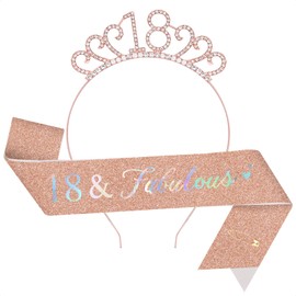 TOPWAYS 18th Birthday Sash and Tiara Set, Rose Gold 18 Glitter Crown Headband & Fabulous Sash Party Supplies 18th Birthday Gifts for Girls Her 18th Birthday Decorations (18 Fabulous, Rose Gold)