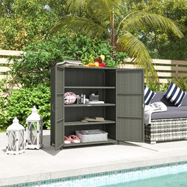 Outsunny Wicker Outdoor Storage Cabinet with Shelves, 4-Shelf Outdoor Pool Towel Storage Cabinet with Two Doors, Rattan Outdoor Storage Shelves for Garden, Backyard, Porch, Dark Gray