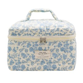 Kryzalite Cute Makeup Bag for Women, Large Travel Cosmetic Bags, Quilted Aesthetic Toiletry Bag with Floral Pattern (Blue), blue, Blue