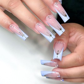 FOXIIU Press on Nails Long Coffin Shaped Glossy Full Cover Acrylic Long Length French False Nails with Designs Artificial Long Square Fake Nails with Charms Glue ons Fingernails for Women(XE9022)