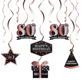 LINGTEER Happy 80th Birthday Rose Gold Swirls Streamers - Cheers to 80th Birthday Eighty Years Old Bday Party Hanging Decorations.