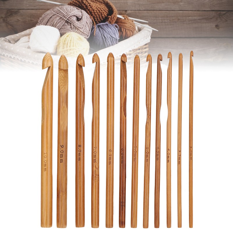 12Pcs Crochet Hook Cylindrical Carbonized Bamboo Needles Kit Sweater Knitting