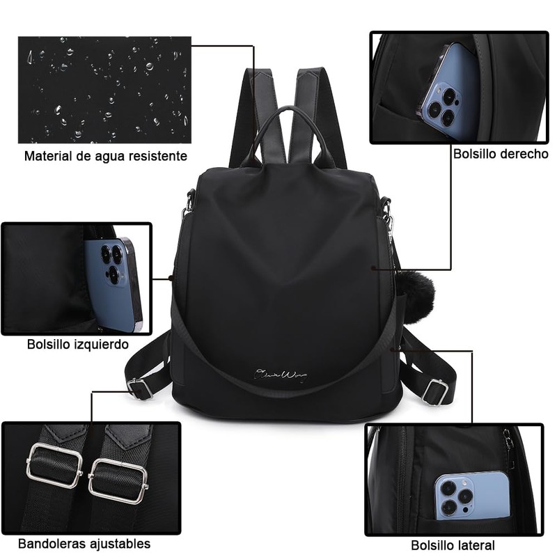 OLIVIA WONG Waterproof Theft Backpack for Women (13L), Convertible Backpack