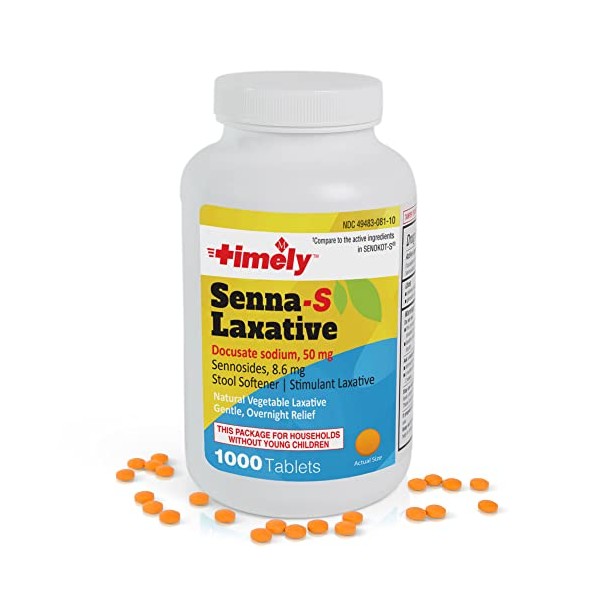 Timely by Time Cap Labs - Senna S Laxative - 1000 Count Tablets - Compared to The Active Ingredients in Senokot-S - Natural Vegetable Based Laxative for Constipation Relief - Gentle Overnight Relief