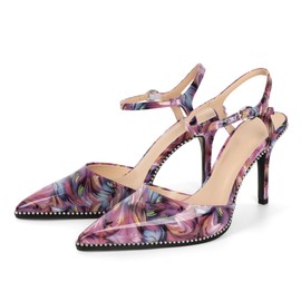YODEKS Floral Purple Ankle Strap Pumps Sling Back Heels Women Stiletto High Heels Closed Pointed Toe Pumps Beaded Shoes 3.5 Inch for Office Size 7.5