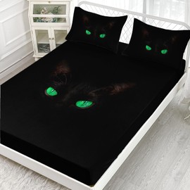 AILONEN Black Cat Fitted Sheet Set Full Size, Green Cat's Eyes Glowing in The Dark Bedding Set for Kids Girls Boys,Black Animal Bed Sheet Set 3 Pieces,1 Fitted Sheet and 2 Pillowcases