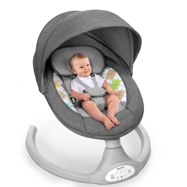 Bioby Baby Swing for Infants to Toddler, Electric Portable Baby Bouncer for 0-6 Months Newborn, Baby Rocker with 5 Swing Speeds and Remote Control, Touch Screen, Bluetooth Music, for Baby 5-20Lb,Grey