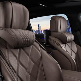 EARJIA Car Neck Pillow for Headrest Nappa Leather Cover Support Head Pillows for Driving Memory Foam Seat Headrests Cushion for Most Cars SUV Home Office Traveling Brown 2PC