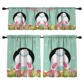 Easter Kitchen Curtains, Bunny Easter Decorations for The Home, Rod Pocket Window Curtains Tier and Valance Set for Kitchen Bedroom Living Room Decor, 54" x 18" Valance, 27" x 36" Tier, 3 Panel Set