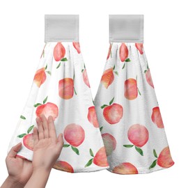 Cneztholim Peach Hanging Kitchen Towel Set of 2 Spring Summer Pink Fruit Hand Towels with Loop Decorative Tie Towels Soft Absorbent Hanging Dish Towel for Bathroom Kitchen Home Decor 17 * 12 Inch