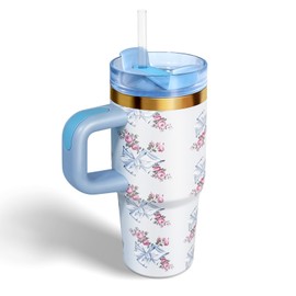 14 oz Tumbler with Handle and Straw, Kid Tumbler with Lid and Straw, 304 Stainless Steel Child Tumbler, School Sports Outdoor (Blue Bow)