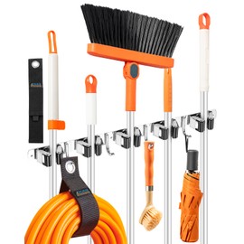 Mop and Broom Holder Wall Mount with 13" Heavy-duty Storage Strap Bundle - 5 Racks and 4 Hooks Mop Broom Holder, Self Adhesive, Heavy Duty, Stainless Steel, for Laundry Room Garage Closet Organization