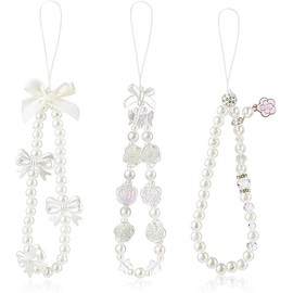 Tasodin Phone Charms Lanyard Strap, Butterfly Bow Knot Beaded Phone Charm Strap, Cute Phone Charms Aesthetic Y2k Pearl Beaded Strap, 3Pcs Flower Stationery Decoration Phone Lanyard Wrist Phone Chain